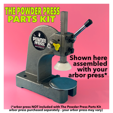 Load image into Gallery viewer, The Powder Press assembled - Parts Kit with arbor press (not included) assembled into The Powder Press cosmetic powder pressing tool for indie cosmetic companies by ThePowderPress.com
